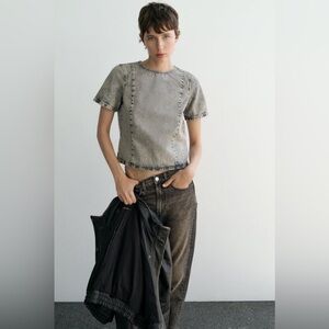 Zara - Black And White Stonewashed Crewneck Button Down Back Shirt Size Medium